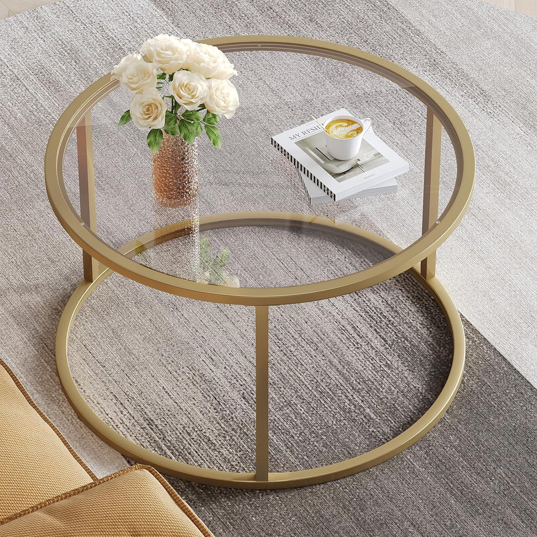 Small Glass Coffee Table with Gold Frame for Living Room