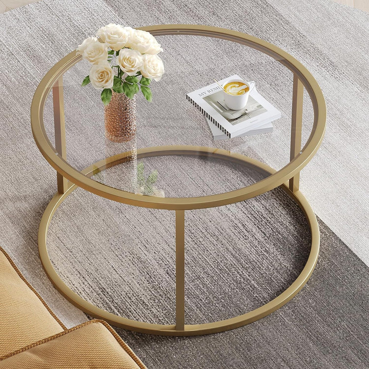 Small Glass Coffee Table with Gold Frame for Living Room