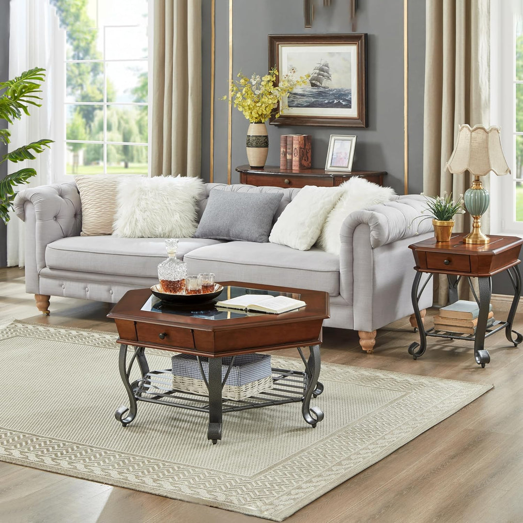 Retro Hexagon Wood Coffee Table with Glass Top, Farmhouse