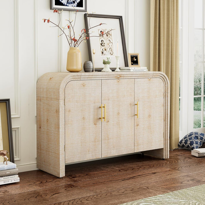 Elegant Curved Sideboard Buffet Cabinet, Natural Wood Wash, 47.2