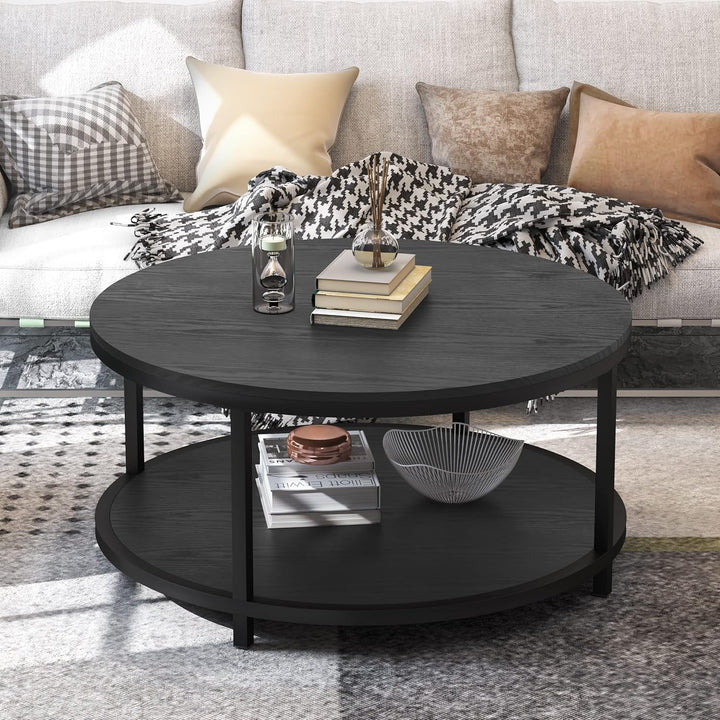 Rustic Industrial Round Coffee Table, Storage Shelf, Gray