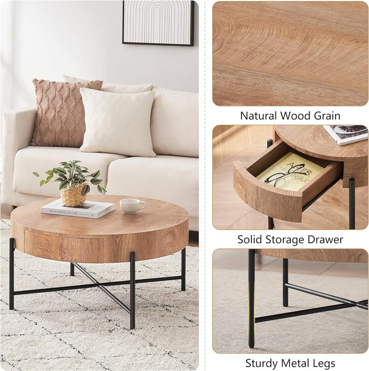 Rustic Round Coffee Table with Drawers, Farmhouse Wood Center Table, Natural