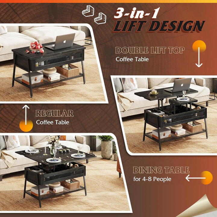 Lift Top Coffee Table with Hidden Storage, 3-in-1 Convertible, Charcoal