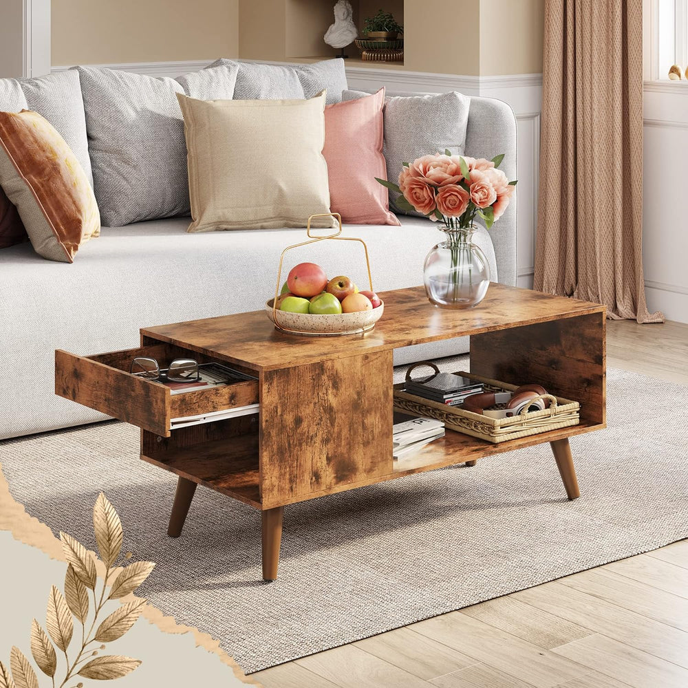 Rustic Brown Coffee Table with Storage, Mid-Century Modern Design