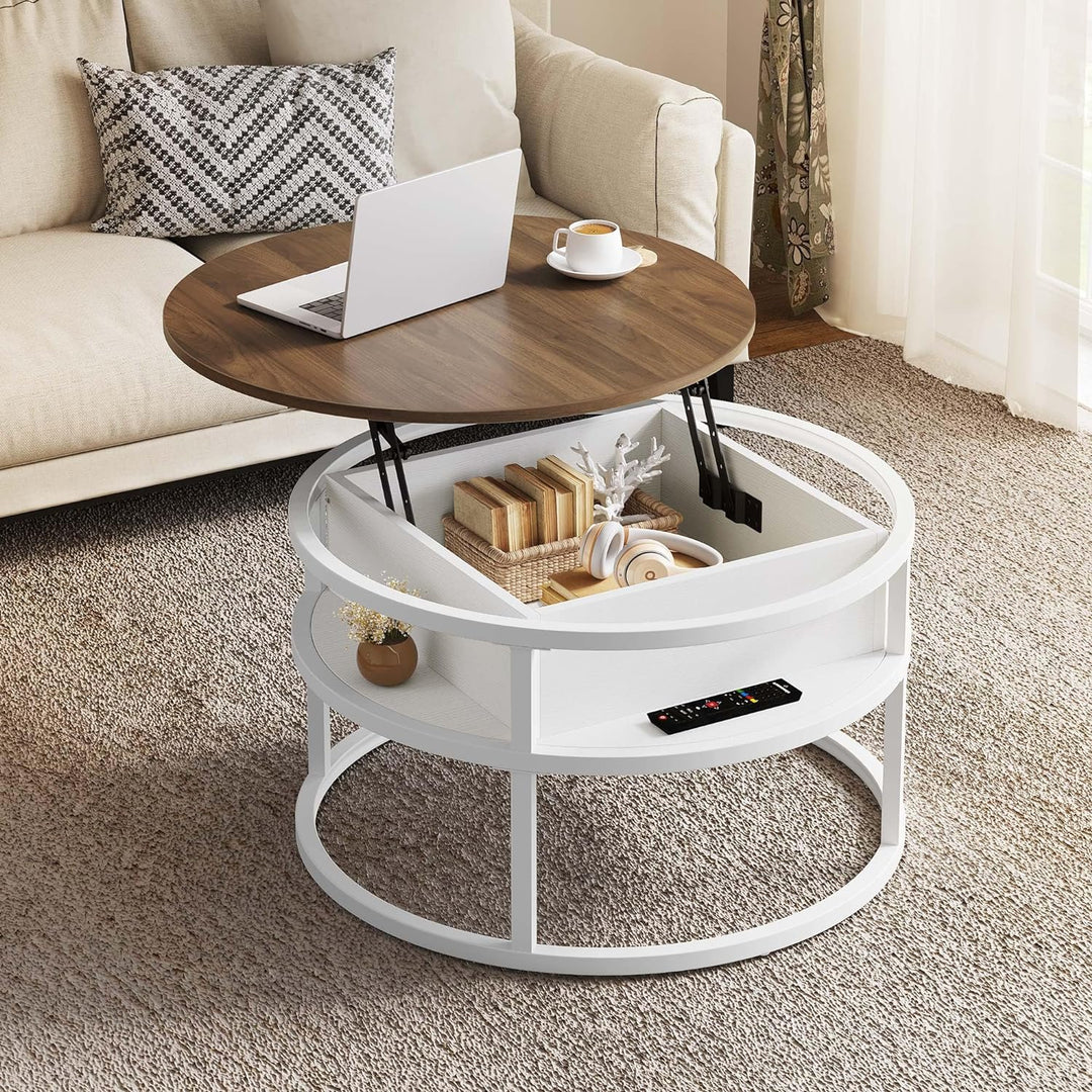 Lift Top Coffee Table with Hidden Storage, Modern Round Center Table