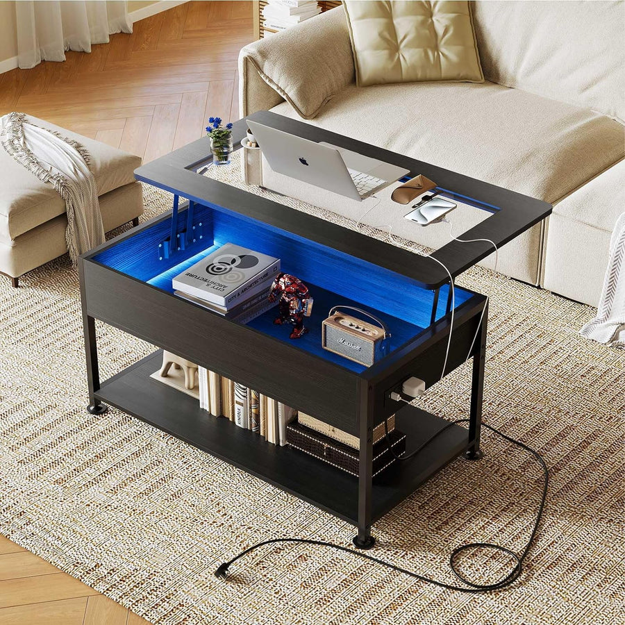 Stylish Glass Coffee Table with LED Lighting and Power Outlet, Black