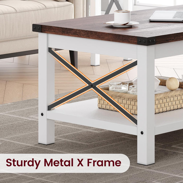 Rustic Farmhouse Coffee Table, 2-Tier Rectangular Center Table, White/Brown