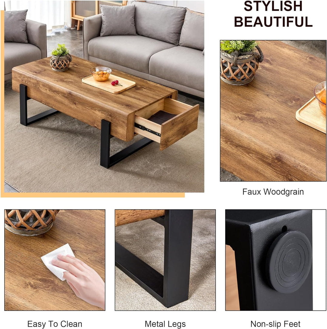 Rustic Wooden Coffee Table with Storage Drawer, Modern Design