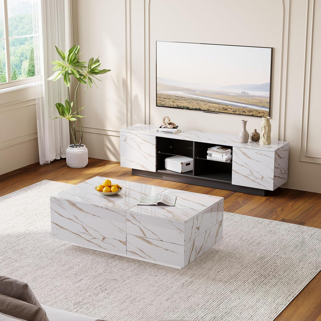 LED Coffee Table, Modern Center Table with Drawers, Ivory White