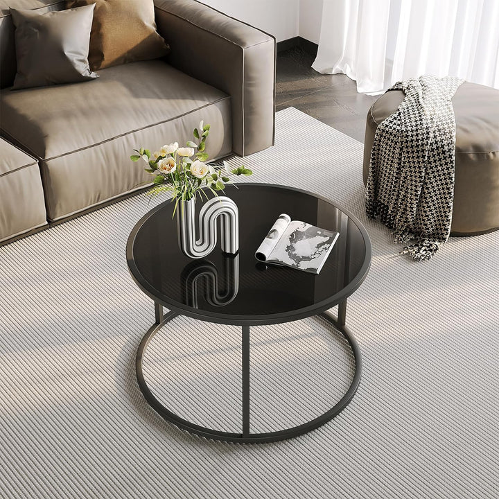 Sleek Black Glass Coffee Table, Modern Round Accent Table