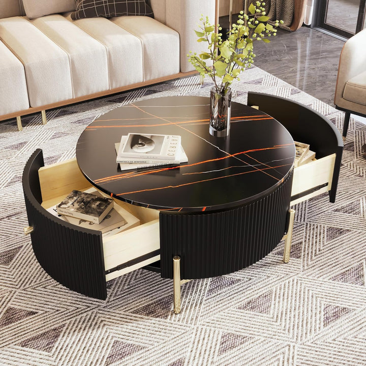 Coffee Table with Storage, Modern Accent Table, Black, Round