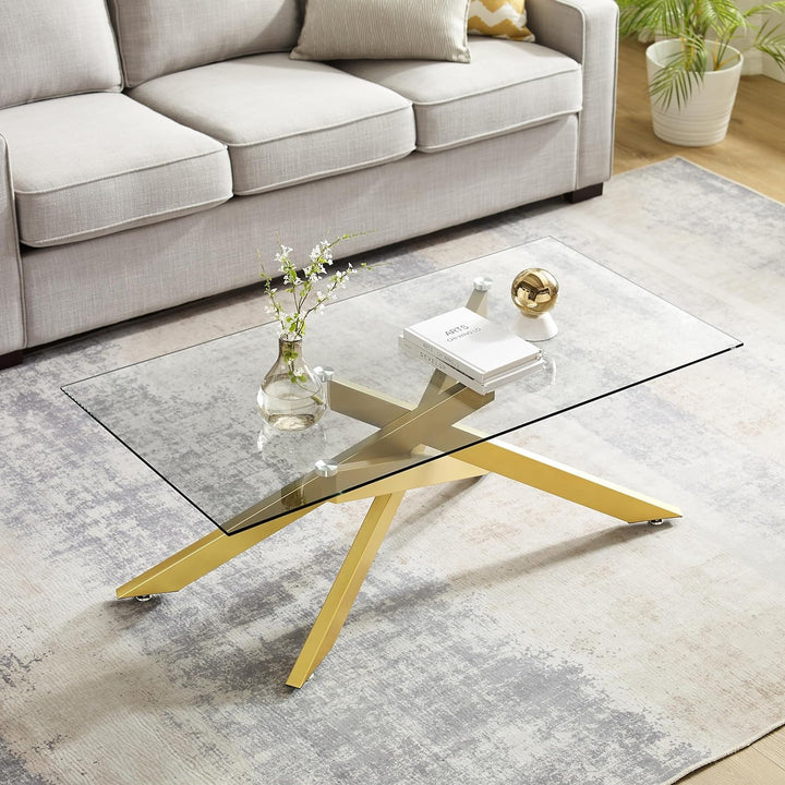 Modern Rectangular Coffee Table, Tempered Glass Top, Metal Legs, Gold