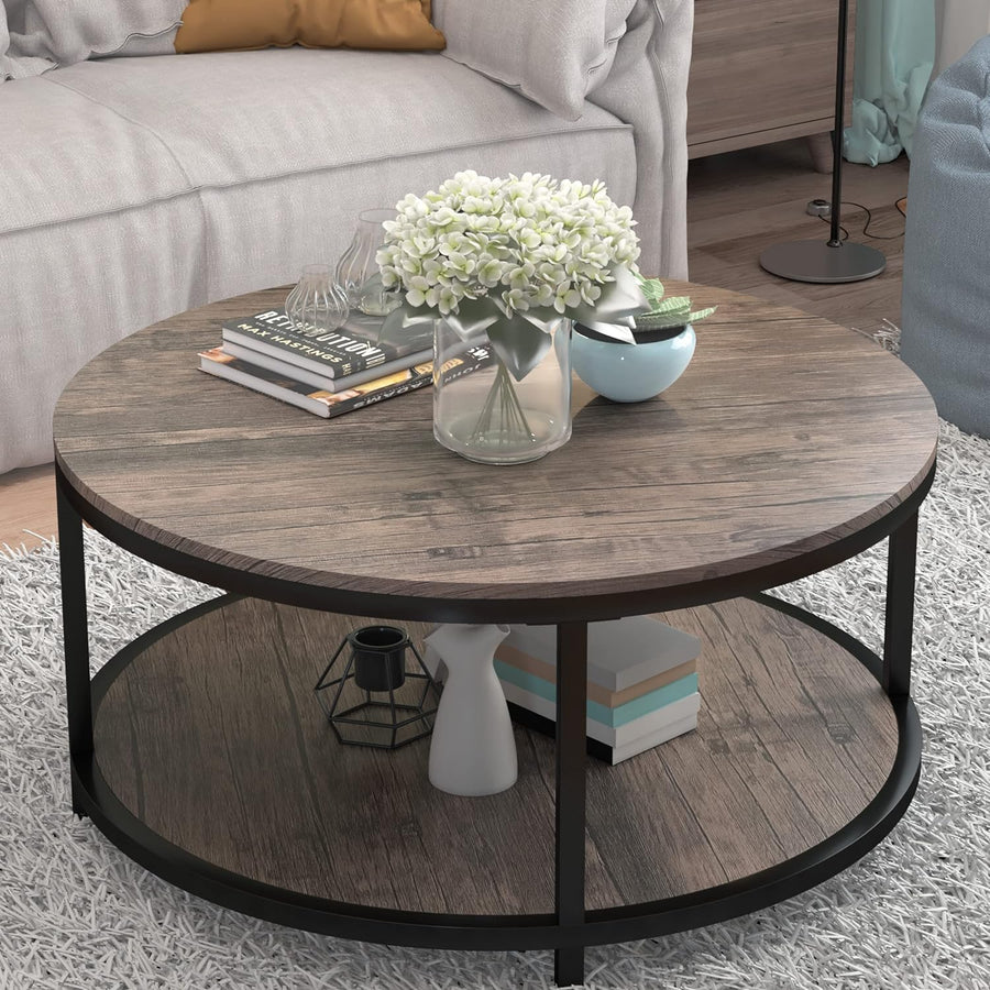 Round Coffee Table, 2-Tier Rustic Wood Desktop, Modern Design Accent Center Table (Walnut)