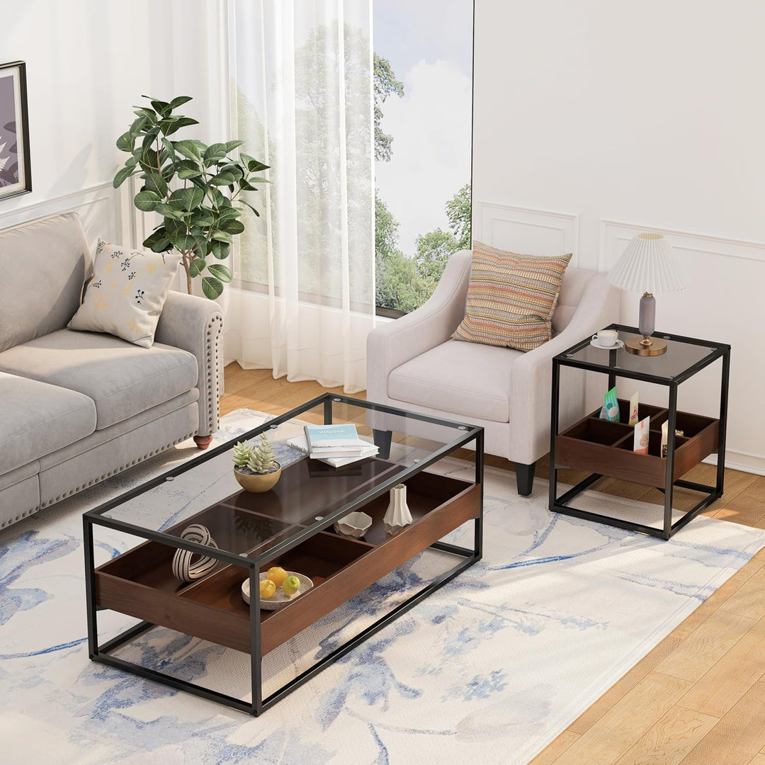 Modern Tempered Glass Coffee Table, 2-Tier with Storage Black, Brown