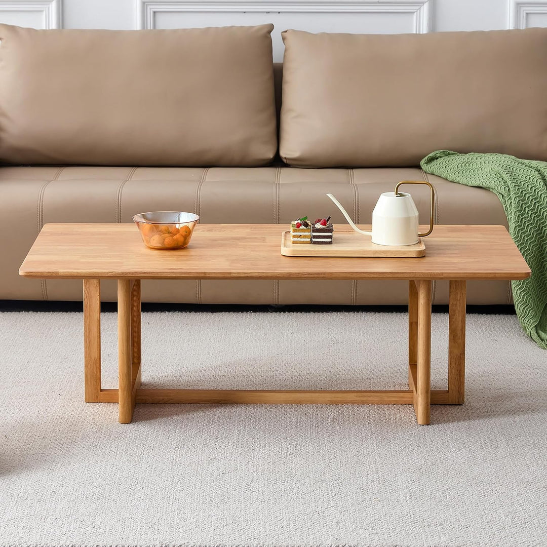 Mid Century Modern Wood Coffee Table with PE Rattan Stand