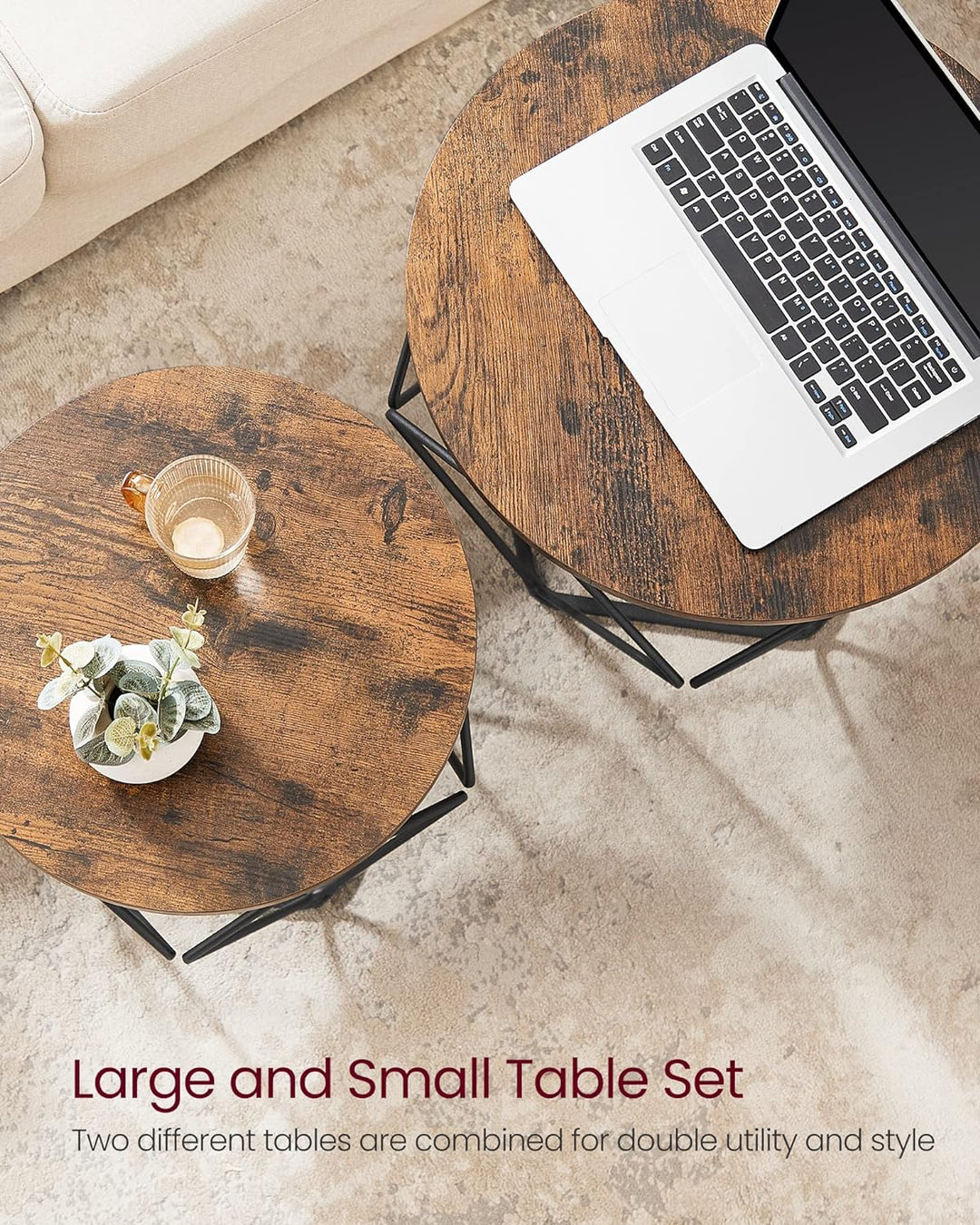 Rustic Round Coffee Table Set, Steel Frame Side End Tables