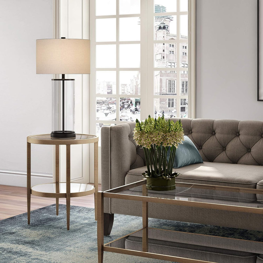 Elegant Round Side Table with Mirror Shelf, Antique Brass