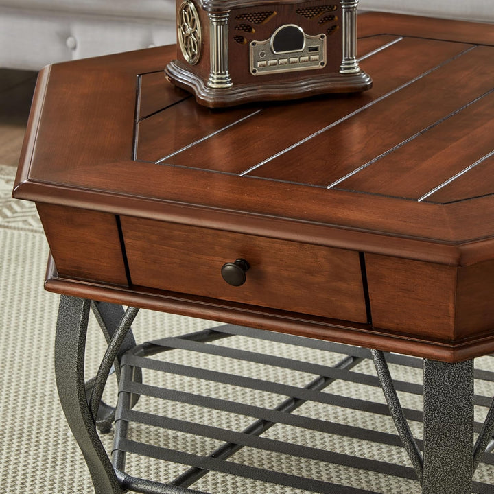 Retro Hexagon Wood Coffee Table, Farmhouse w/ Storage, Mid-Century