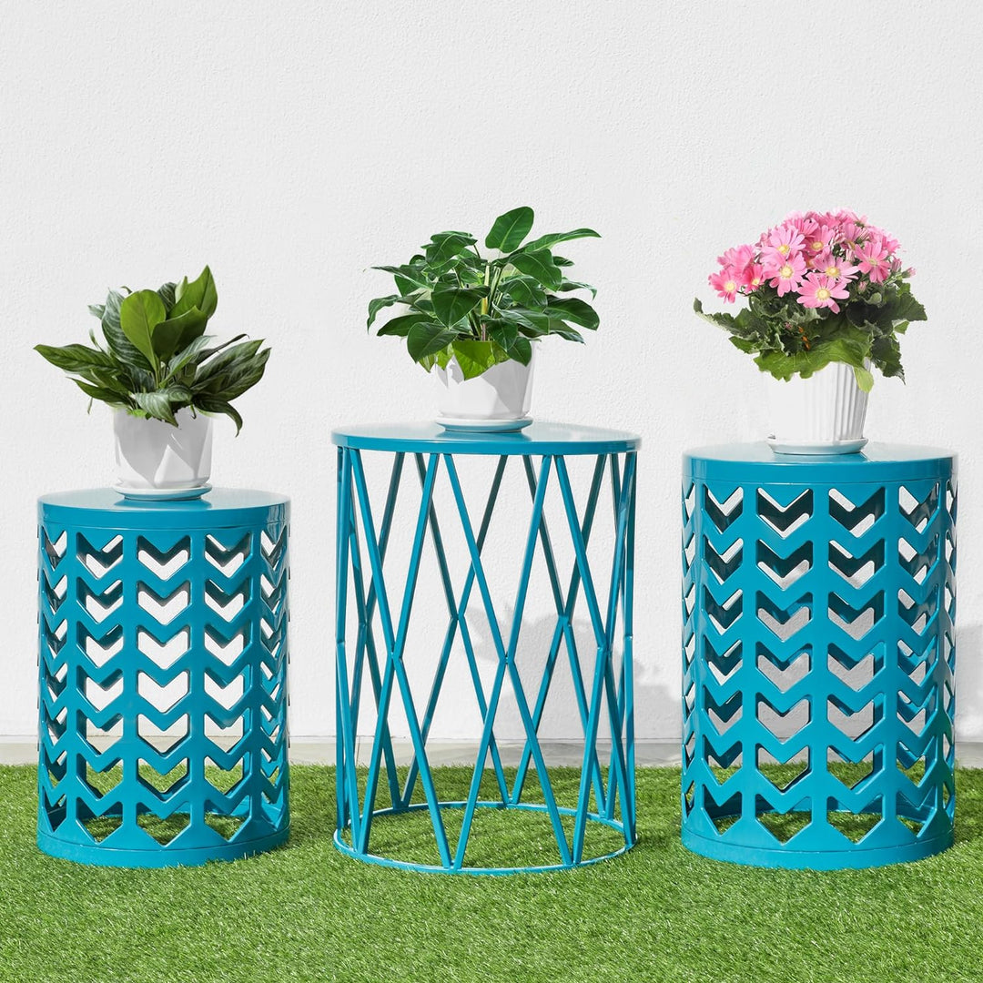 Nesting Side Table Set, Decorative Round Garden Stools, Modern End Table, Blue