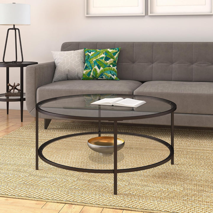 Blackened Bronze Round Coffee Table with Glass Top, Modern