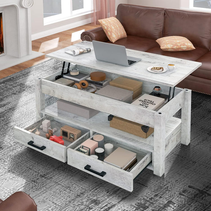 Lift Top Coffee Table with Hidden Compartment, Storage Drawers, Gray