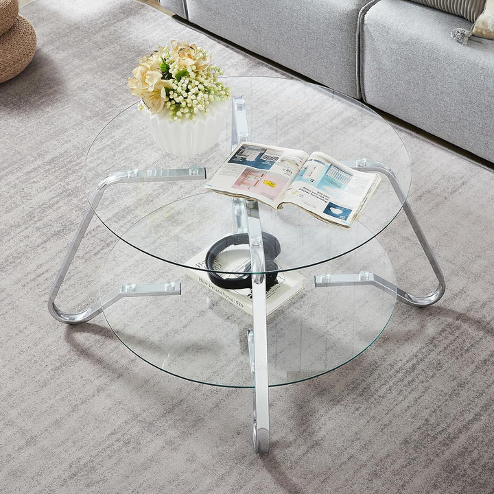 Elegant Modern Round Coffee Table, Metal Frame, Glass Tabletop, Silver