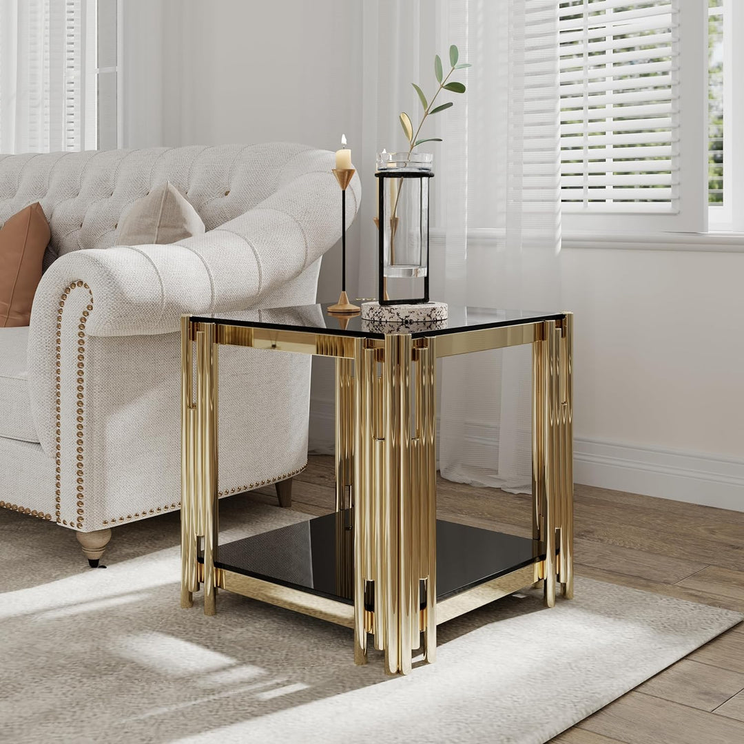 20" Gold End Table with Black Glass Top, Stainless Steel, Black4