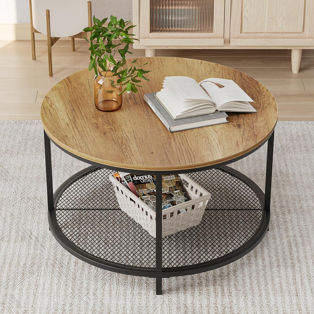 31.5" Round Coffee Table, 2-Tier Brown Wood Living Room Table, Industrial