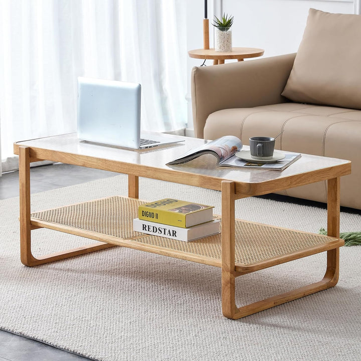 Stylish Modern Rectangle Coffee Table, 45", Solid Wood and Rattan