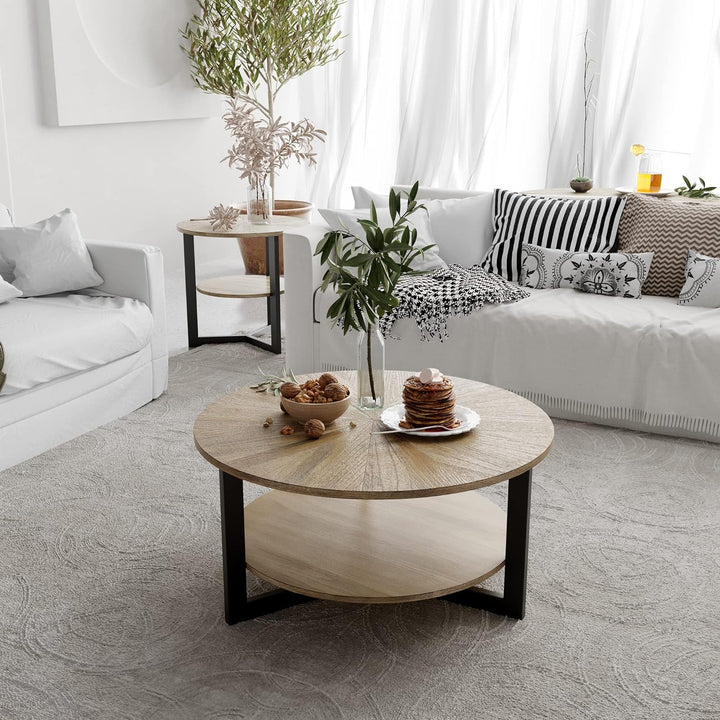 Rustic 2-Tier Coffee Table, Solid Wood Farmhouse Cocktail Table, Rustic Natural