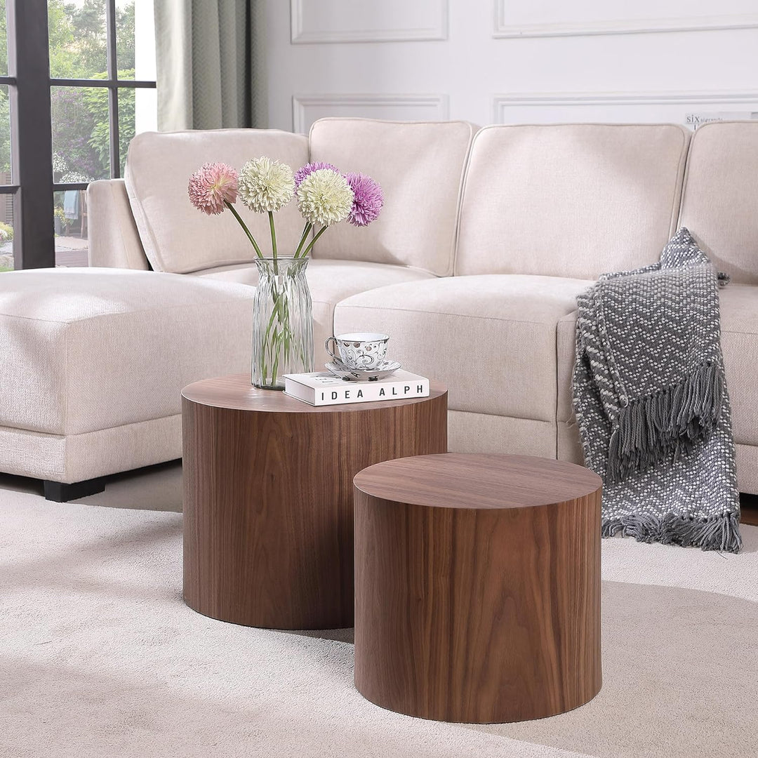 Wood Round Coffee Table Set of 2, Walnut Nesting Table Set