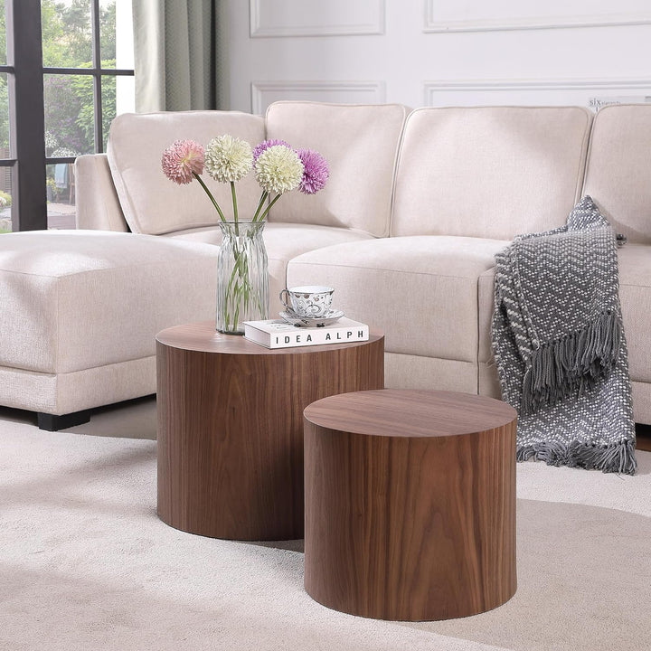 Optimized Coffee Table Set, Modern Round Walnut, Wooden Circle