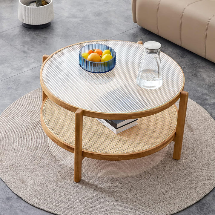 34.64'' Modern Round Coffee Table, 2-Tier Solid Wood Glass Top, E-natural