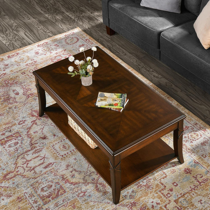 Solid Wood Coffee Table with Storage Shelf, Mid-Century Design, Cherry Brown