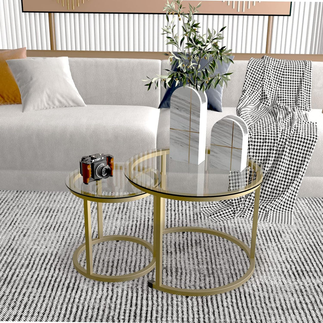 Gold Nesting Coffee Table Set of 2, Glass Tables