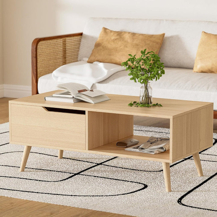 Elegant Mid-Century Modern Oak Coffee Table with Storage