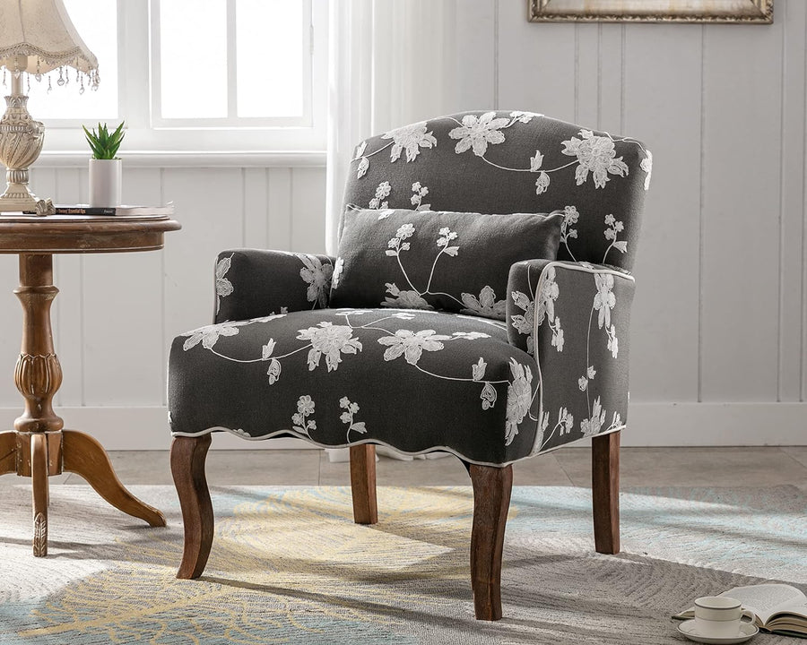 Modern Floral Accent Chair Mid Century Linen Upholstered Armchair Gray White Flower