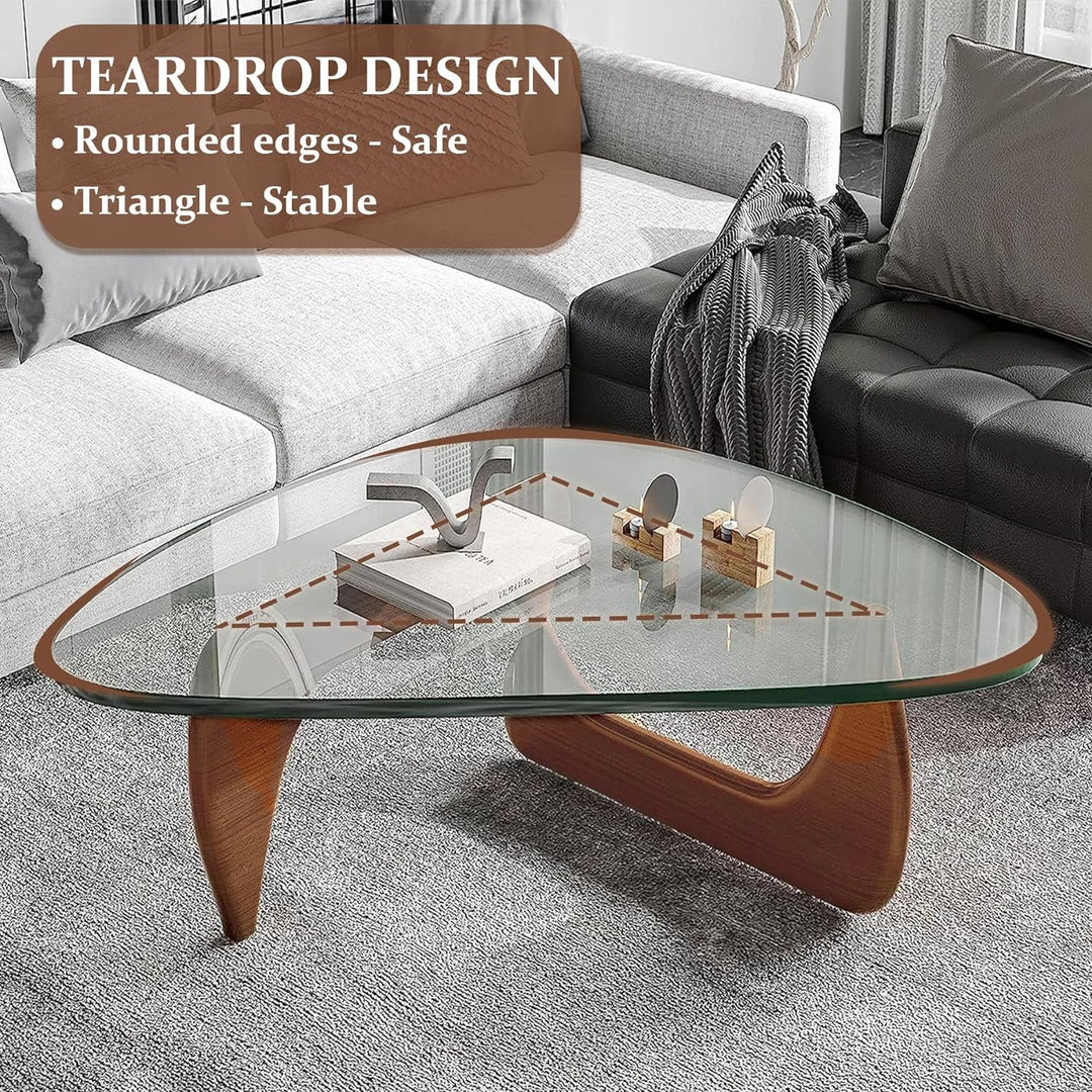 Triangle Glass Coffee Table, Mid-Century Modern End Table, Walnut Transparent