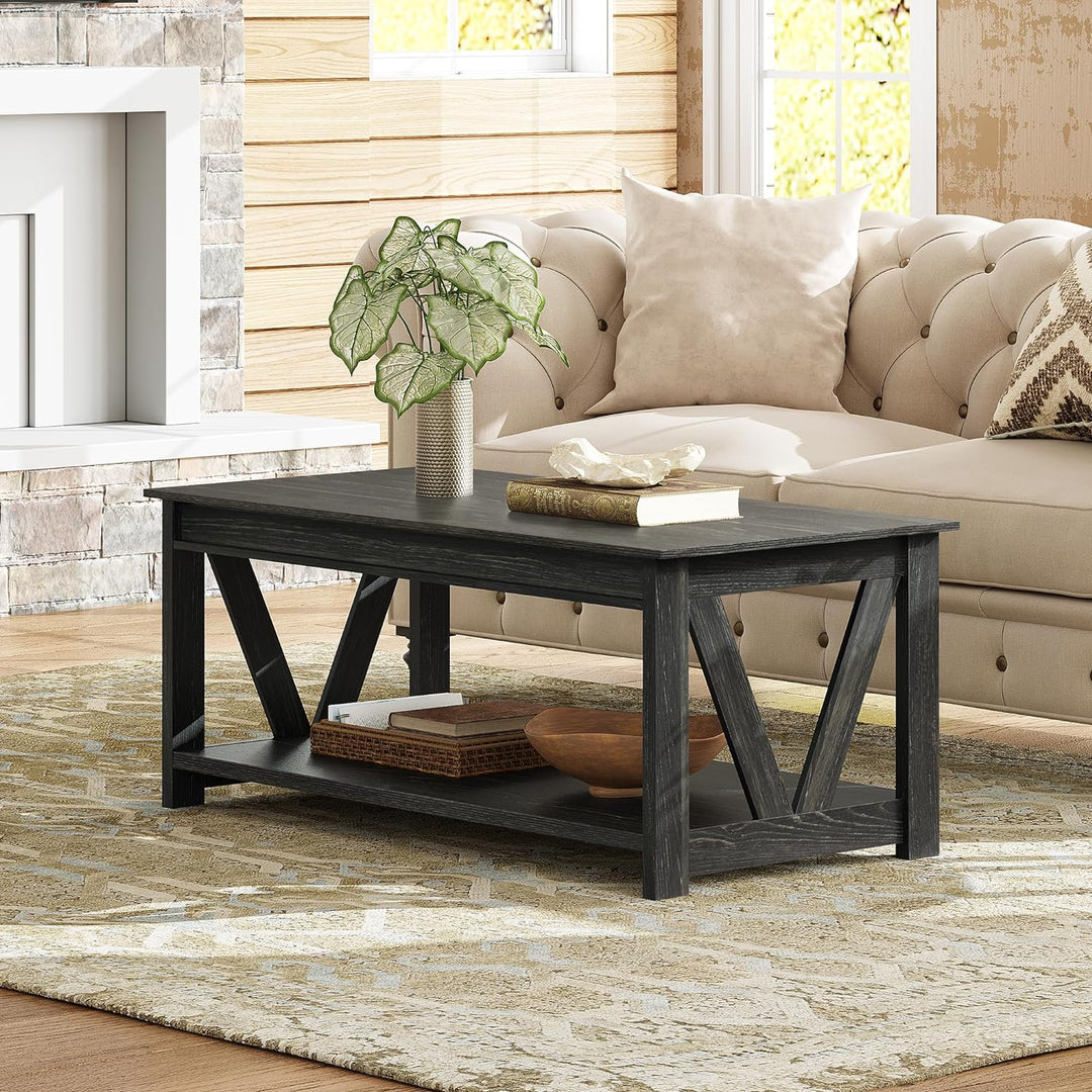 Farmhouse Coffee Table with Storage, 43-inch Wood Center Table, Charcoal Black