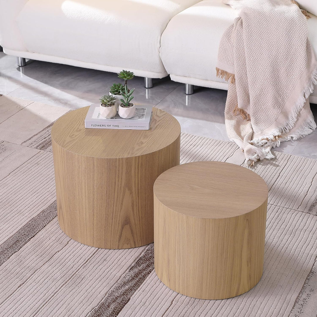 Modern Round Coffee Table Set, Wooden Circle Side Table, Round-oak