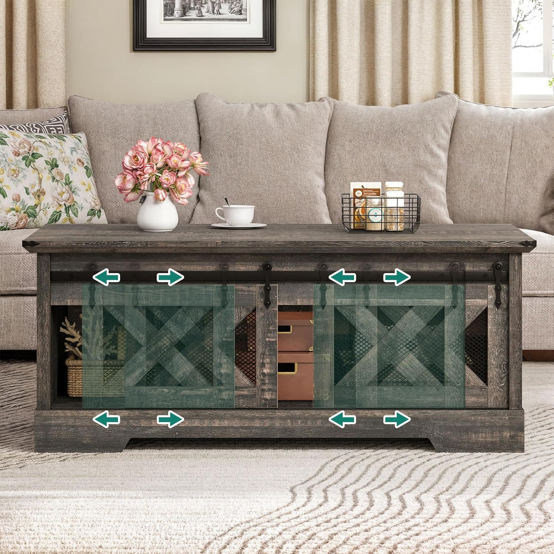 Farmhouse Coffee Table with Lift Top, Storage & Sliding Barn Door, Dark Rustic Oak