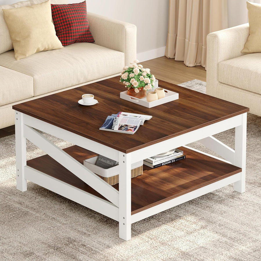 Farmhouse Coffee Table, Square Wood Coffee Table with Storage, White