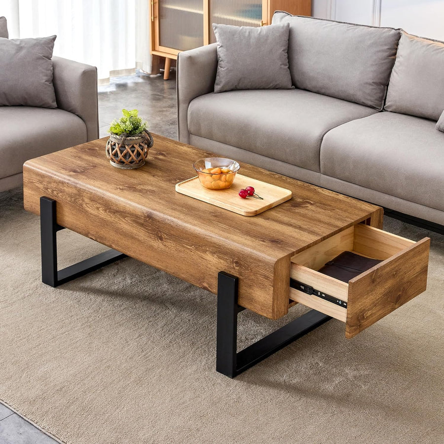 Stylish Rectangular Coffee Table With Drawers, Walnut Wood