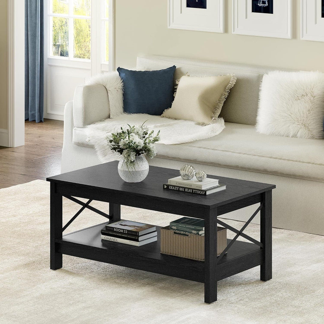 Modern Farmhouse Coffee Table with Storage, 2-Tier Center Table