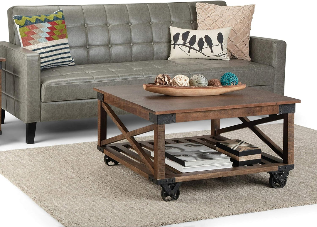 Solid Mango Wood and Metal Industrial Coffee Table, 32-inch, Distressed Dark Brown