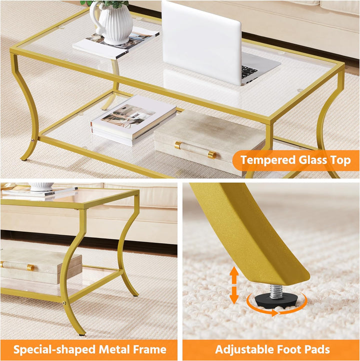 Rectangular Glass Coffee Table, Gold