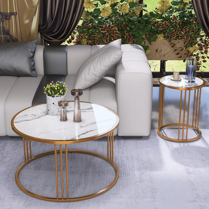 Elegant Modern Coffee Table Set, Slate with Steel Frame, Golden