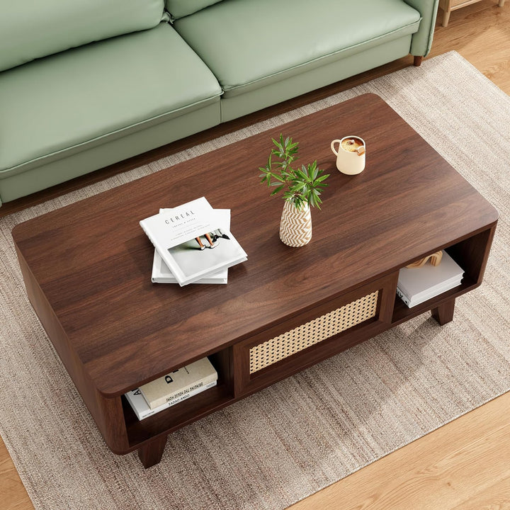 Coffee Table, Mid Century Modern Square with Rattan Drawer, Dark Walnut