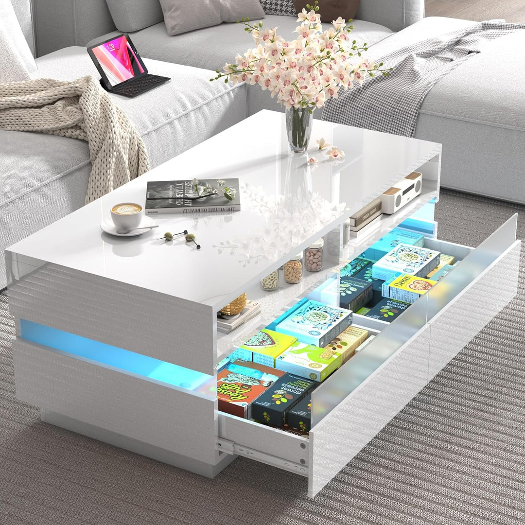 Modern High Gloss White LED Coffee Table with Storage Drawers