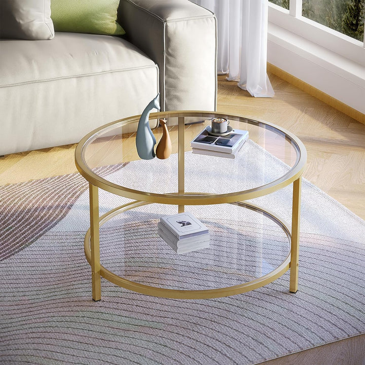 Round Glass Coffee Table 2 Tier Storage Shelf